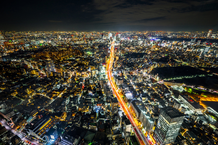 Asia Business concept for real estate & corporate construction - panoramic modern city skyline view of Shibuya & Tokyo Metropolitan Expressway with neon night in Roppongi Hill, Tokyo, Japanのeditorial素材
