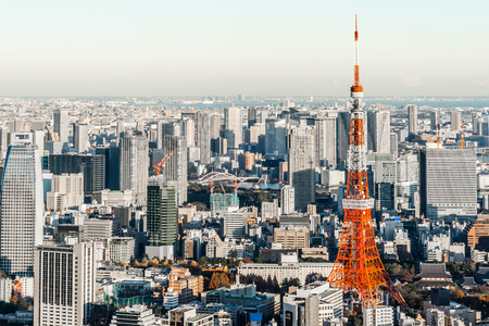 Asia Business concept for real estate and corporate construction - panoramic modern city skyline bird eye aerial view of tokyo tower and odaiba under blue sky in Roppongi Hill, Tokyo, Japanのeditorial素材