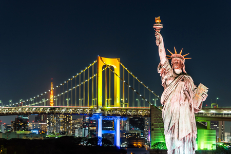 Asia Business concept for real estate and corporate construction - panoramic modern city skyline bird eye aerial view of Odaiba, Statue of Liberty, tokyo tower & rainbow bridge in Tokyo, Japanの写真素材