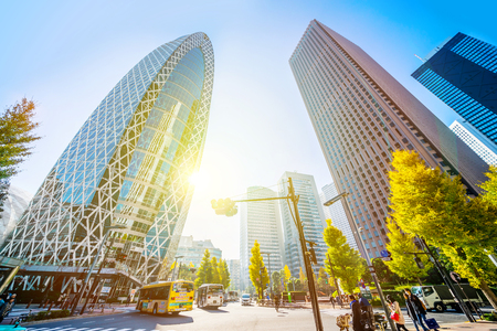 Tokyo, Japan - Nov 29, 2017:  looking up view in financial district, the silhouettes of skyscrapers reflect blue sky in Shinjuku, Tokyo, Japanのeditorial素材