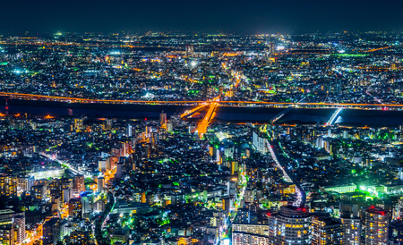 Asia Business concept for real estate and corporate construction - panoramic urban city skyline aerial view under twilight sky and neon night in tokyo, Japanの写真素材