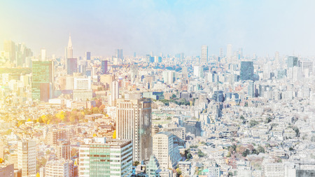 Asia Business concept for real estate and corporate construction - panoramic modern cityscape building aerial view under morning blue bright sky in Japan mix sketch and watercolor illustration effectの写真素材