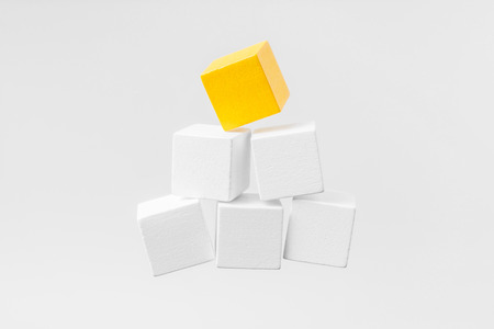 Business and design concept - Abstract geometric real floating wooden cuboid isolated on backgroundの写真素材