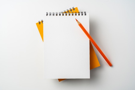 Design concept - Top view of two spiral orange notebook and pen isolated on white background for mockupの写真素材