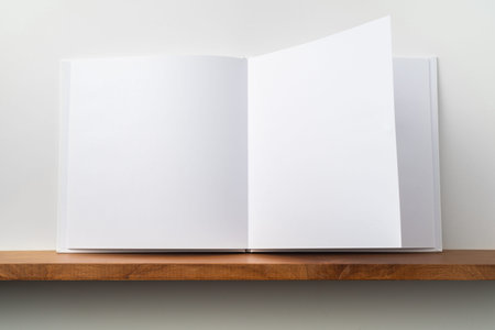 Design concept - front view of open square white notebook on bookshelf and white wall for mockup