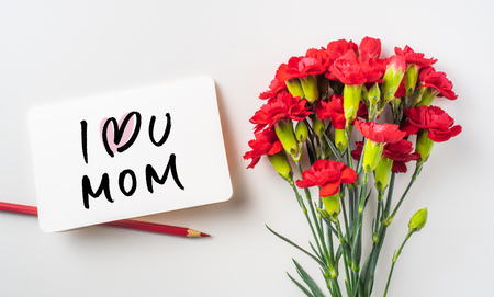 event design concept - top view of a bunch of red carnation, pencil and greeting card isolated on white background for mothers day and valentines day, wedding event with copy space for mock upの写真素材