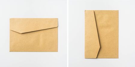 Top view of post envelope isolated on white background desk for mockupの写真素材