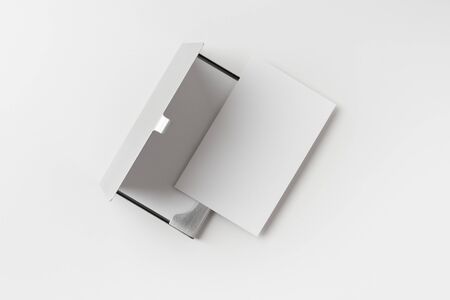 Design concept - top view of vertical business card with stainless steel case isolated on white backgroundの写真素材