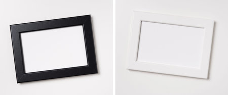 Design concept - top view of white and black wood photo frame isolated on white background for...
