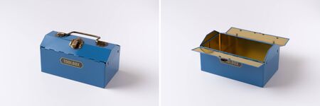 blue metal tool box isolated on white backgroundの写真素材