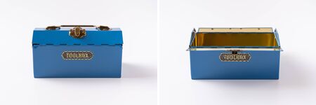 blue metal tool box isolated on white backgroundの写真素材