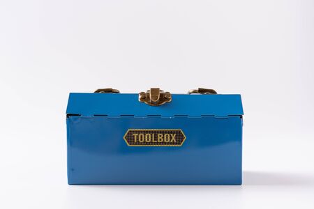 blue metal tool box isolated on white backgroundの写真素材