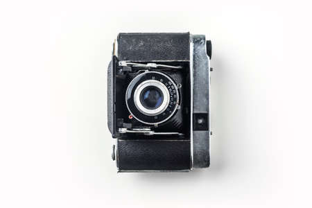 Top view of vintage cameras on white background desk for mockupの写真素材