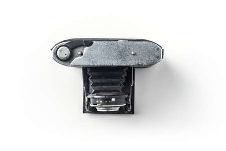 Top view of vintage cameras on white background desk for mockupの写真素材