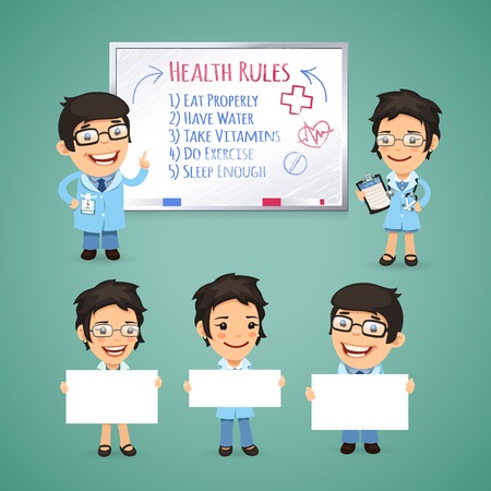 Doctors Presenting Empty Banners. In the EPS file, each element is grouped separately. Clipping paths included in additional jpg format.のイラスト素材