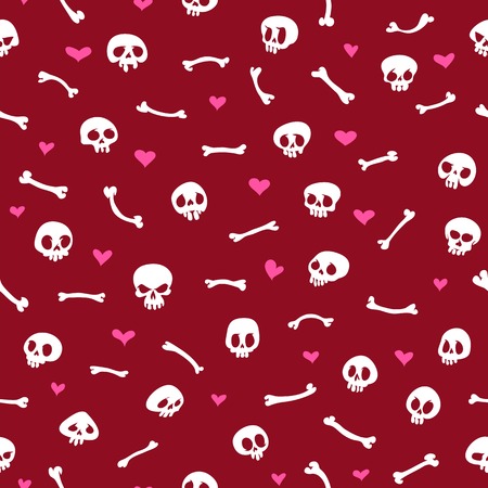Cartoon Skulls with Hearts on Red Background Seamless Patternのイラスト素材