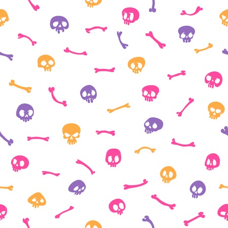 Colorful Cartoon Skulls on White Background Seamless Patternのイラスト素材