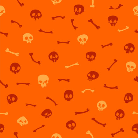 Cartoon Skulls on Orange Background Seamless Patternのイラスト素材