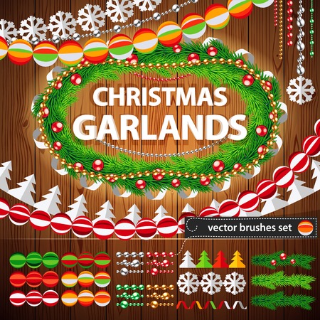 Christmas Garlands Set on Wood Backgroundのイラスト素材