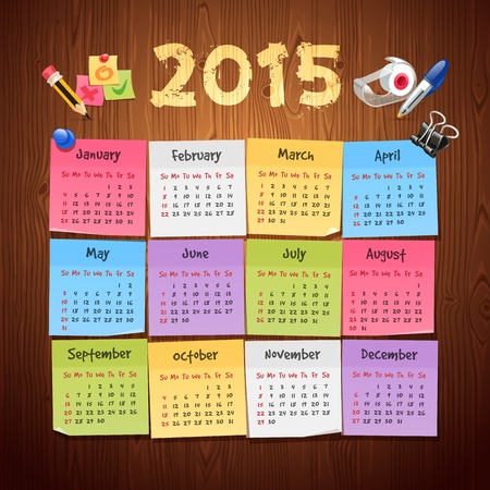 Office Stickers Calendar 2015 calendar on Wooden Backgroundのイラスト素材