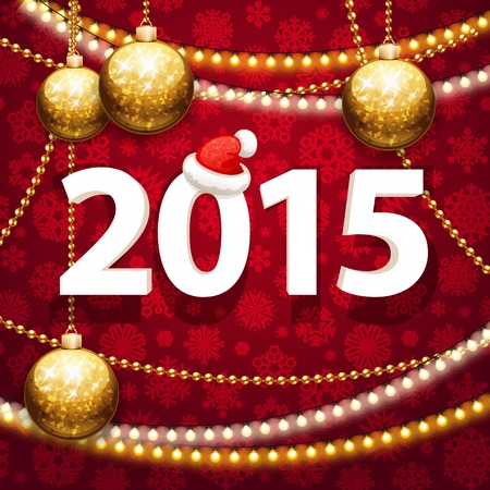Happy New Year 2015 on Red Background with Christmas Baublesのイラスト素材