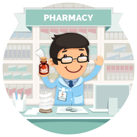 Apothecary behind the Counter at Pharmacy Round Bannerのイラスト素材