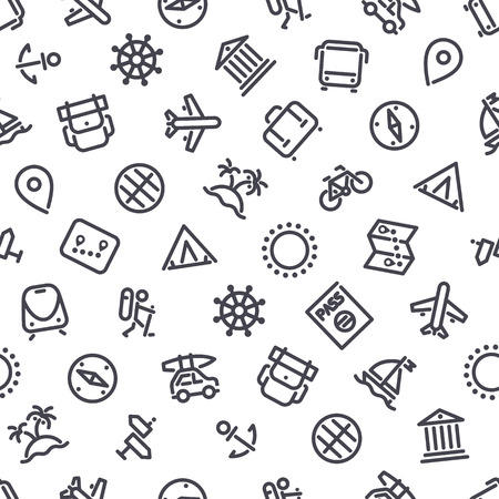 Travel and Vacation Icons Seamless Background. Editable pattern in swatches. Clipping paths included in JPG file.のイラスト素材