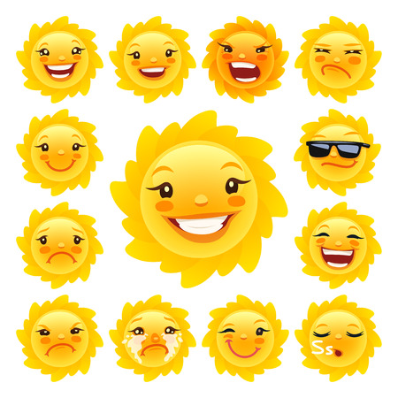 Cartoon Sun Caracter Emoticons Set for Your Summer Projects. Isolated on white background. Clipping paths included in JPG file.のイラスト素材
