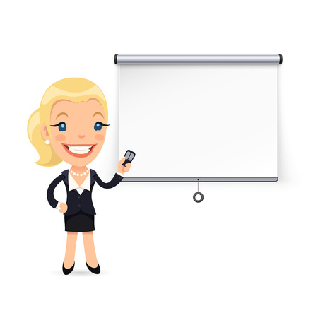 Businesswoman Gives a Presentation or Seminar. Projector Screen. Isolated on white background. Clipping paths included in JPG file.のイラスト素材