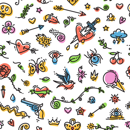 Colorful Funny Old School Tattoo Seamless Pattern on White Background. Editable pattern in swatches. Clipping paths included in JPG file.のイラスト素材