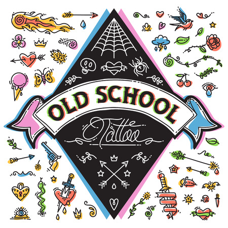 Funny Old School Tattoo Set. Isolated on white background. Clipping paths included in JPG file.のイラスト素材