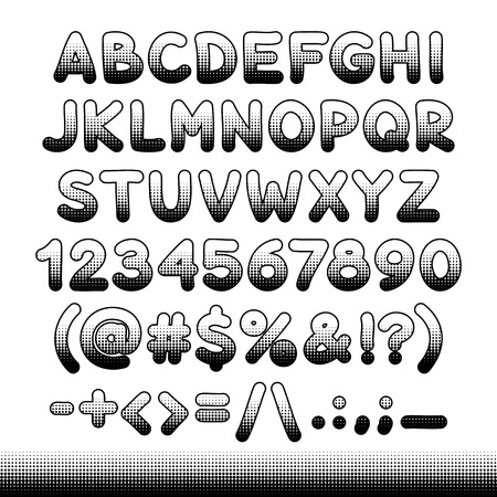 Comic font black offset print for your retro design. Isolated on white background.のイラスト素材