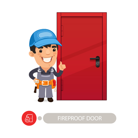 Fireproof Door with Cartoon Worker.のイラスト素材