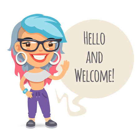 Casually dressed cartoon girl says Hello and welcome. Isolated on white background.のイラスト素材