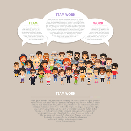 Team work poster with big group of casually dressed flat cartoon people.のイラスト素材