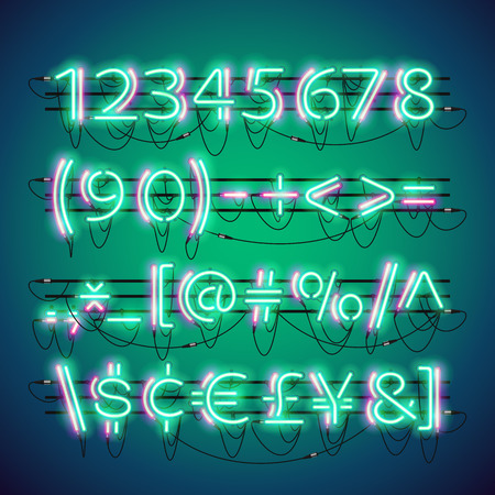 Glowing double neon green numbers and currency symbols set. Used neon brushes included. There are fastening elements in a symbol palette.のイラスト素材