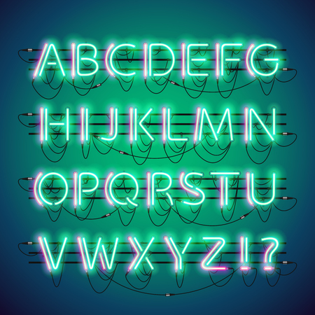 Glowing double neon green alphabet set. Used neon brushes included. There are fastening elements in a symbol palette.のイラスト素材