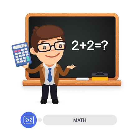 Cartoon flat character of mathematics teacher stands by the blackboard. Clipping paths included.のイラスト素材