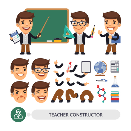 Cartoon flat male character constructor of teacher in various poses and emotions for animation. Isolated flat style vector on white background. Clipping paths included.のイラスト素材