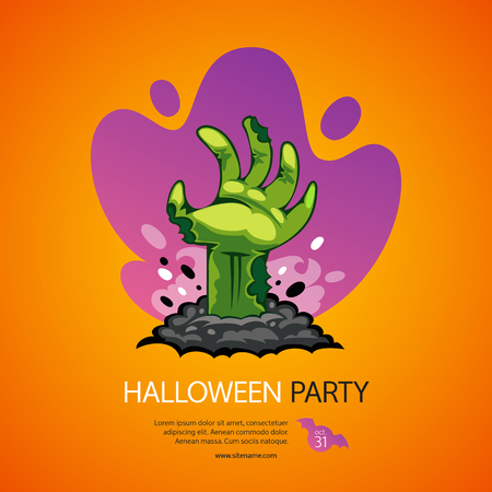 Halloween colorful poster on orange background with zombie hand. Spooky horror banner. Clipping paths included.のイラスト素材