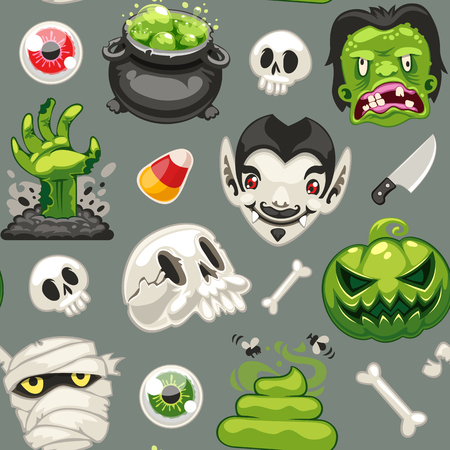 Halloween seamless pattern with funny cartoon monsters on gray background. Clipping paths included.のイラスト素材