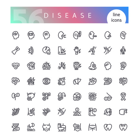 Set of 56 human diseases, illness and injuries line icons suitable for web, infographics and apps. Isolated on white background. Clipping paths included.のイラスト素材
