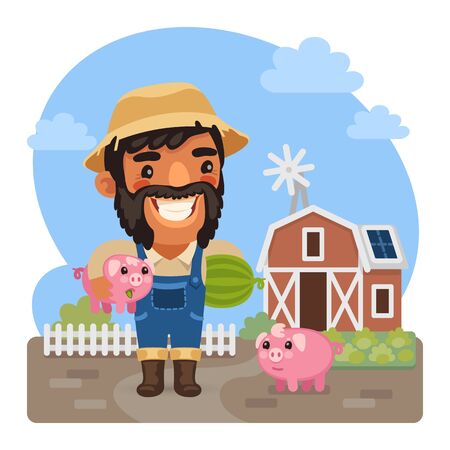 Cartoon happy farmer with a piggy and watermelon in front of the barn. Composition with a professional man. Flat male character.のイラスト素材