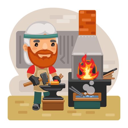 Cartoon blacksmith works on the anvil in front of the furnace. Composition with a professional. Flat male character.のイラスト素材