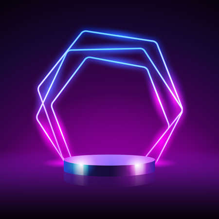 Cylinder Podium with Abstract Hrxagonal Neon Frameのイラスト素材