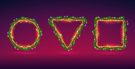 Christmas Neon Fir Branch Frames with Lightsのイラスト素材