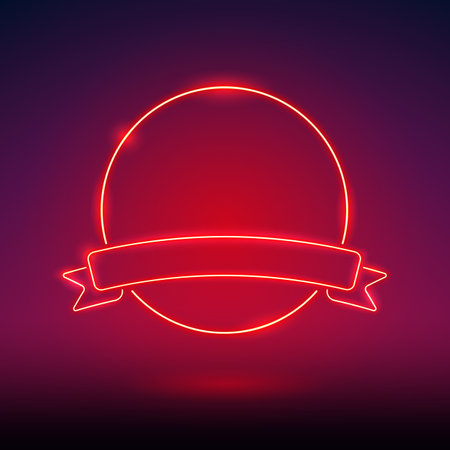 Glowing Red Round Neon Emblem with Ribbonのイラスト素材