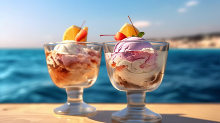 Two Ice Creams in a Glass Goblets on the Beachの素材