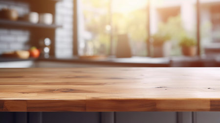 Wooden Counter Against Blurred Kitchen in Backgroundの素材
