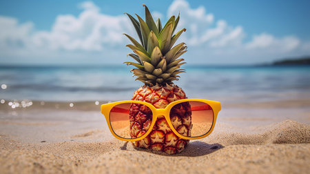 Pineapple in Sunglasses on the Sand at the Beachの素材